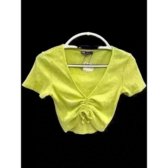 ZARA LIME GREEN Scrunch Tie Womens Size M Ribbed Lime Green CROP TOP - Picture 2 of 6